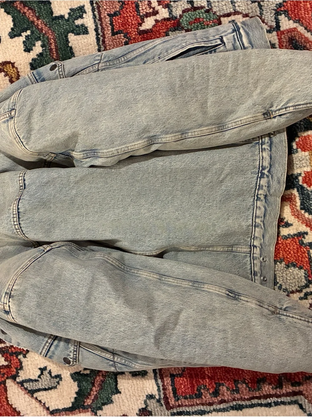Levi's Cream Sherpa Jacket with Light Blue Denim Accents and Brown Leather Patch
